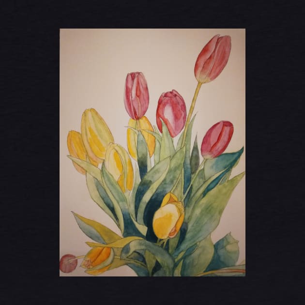 Tulips in pink and yellow watercolour with their leaves. by esvb